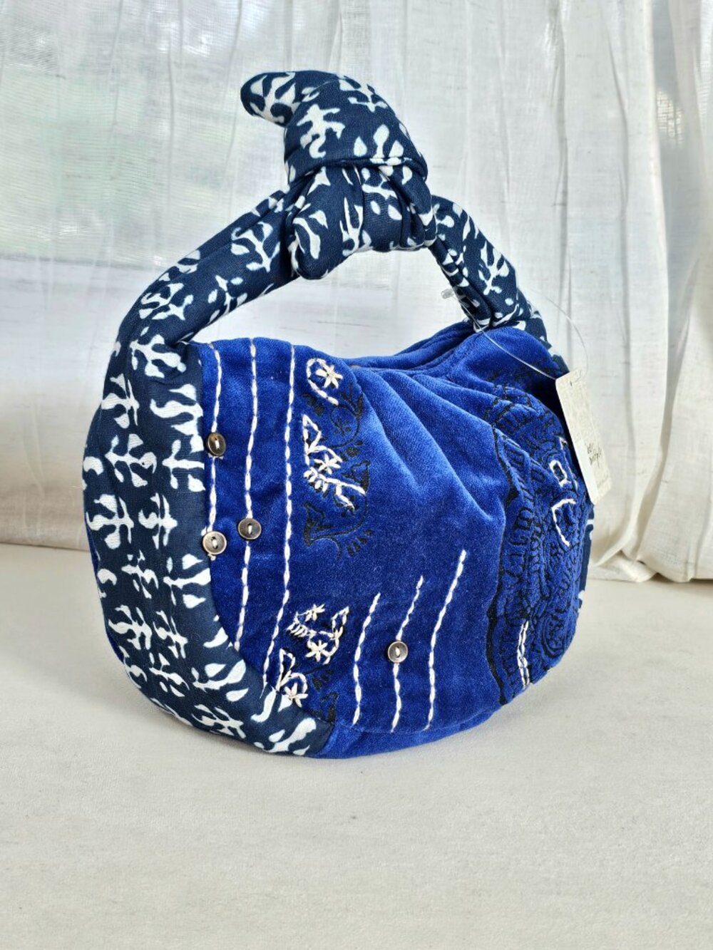 Free People Attia Velvet Bag Blue Embroidered Knot Handle NWT Boho Mini Hobo - Picture 2 of 15